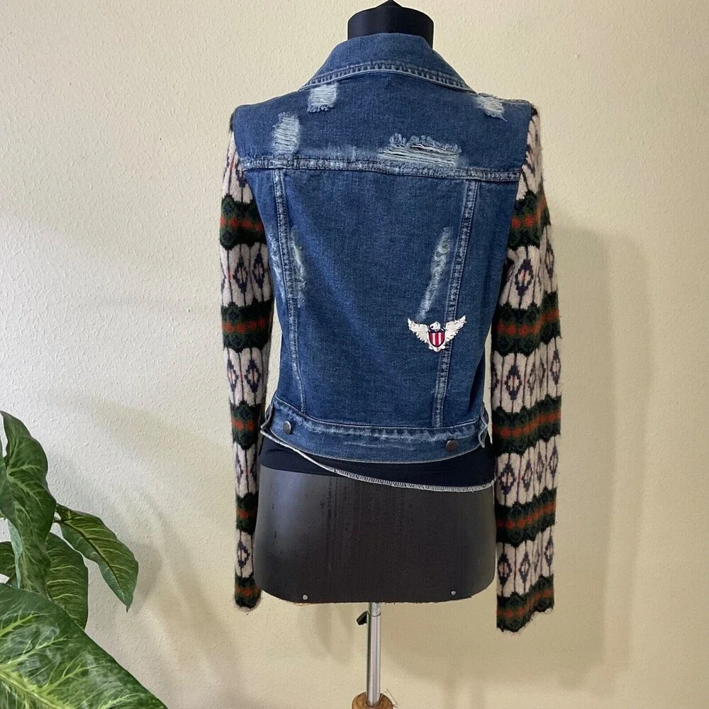 Free People Denim Jacket womens sz. XS Nordic wool Sweater Sleeves Distressed
